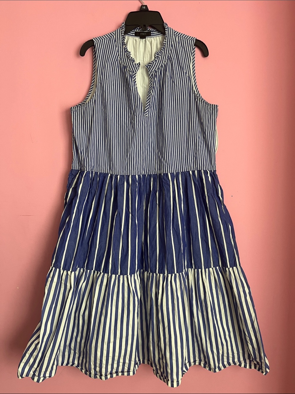 J. Crew Blue & White Striped Sleeveless Tiered Dress